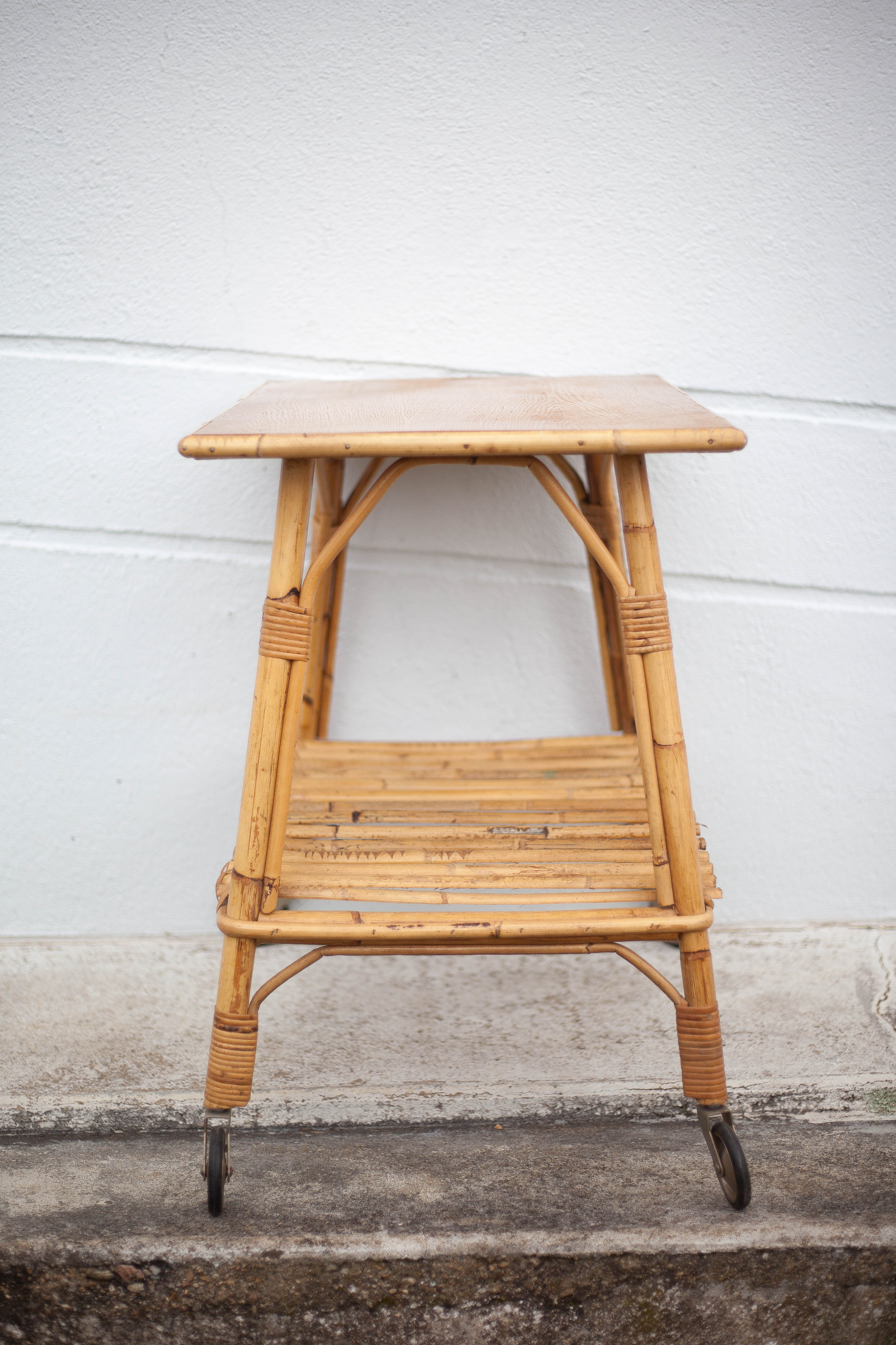 Bamboo table with wheels, bamboo service with wheels, servant, interior decoration