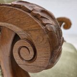 1960s, Danish armchair, green furniture velour, carved oak wood.