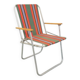 Vintage garden or camping folding armchair from the 60s and 70s in metal, wood and fabric