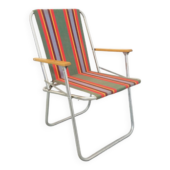 Fauteuil pliant de jardin ou camping vintage des années 60 70 en métal, bois et tissu