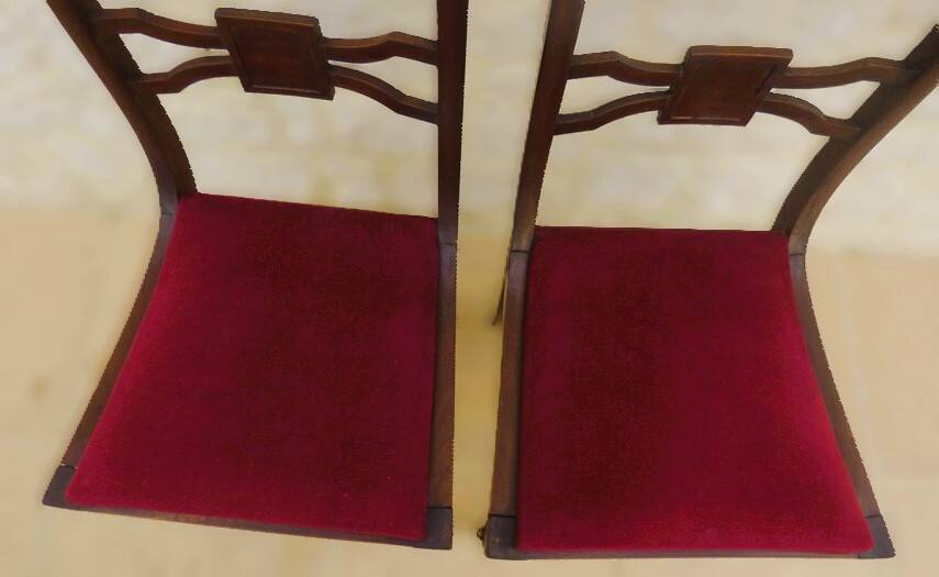 2 stylish solid wood chairs with red velvet fabric seats
