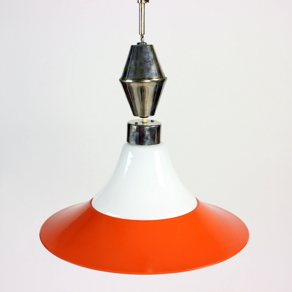 Midcentury ceiling pull down light in white opaine & brass, Czechoslovakia 1960s