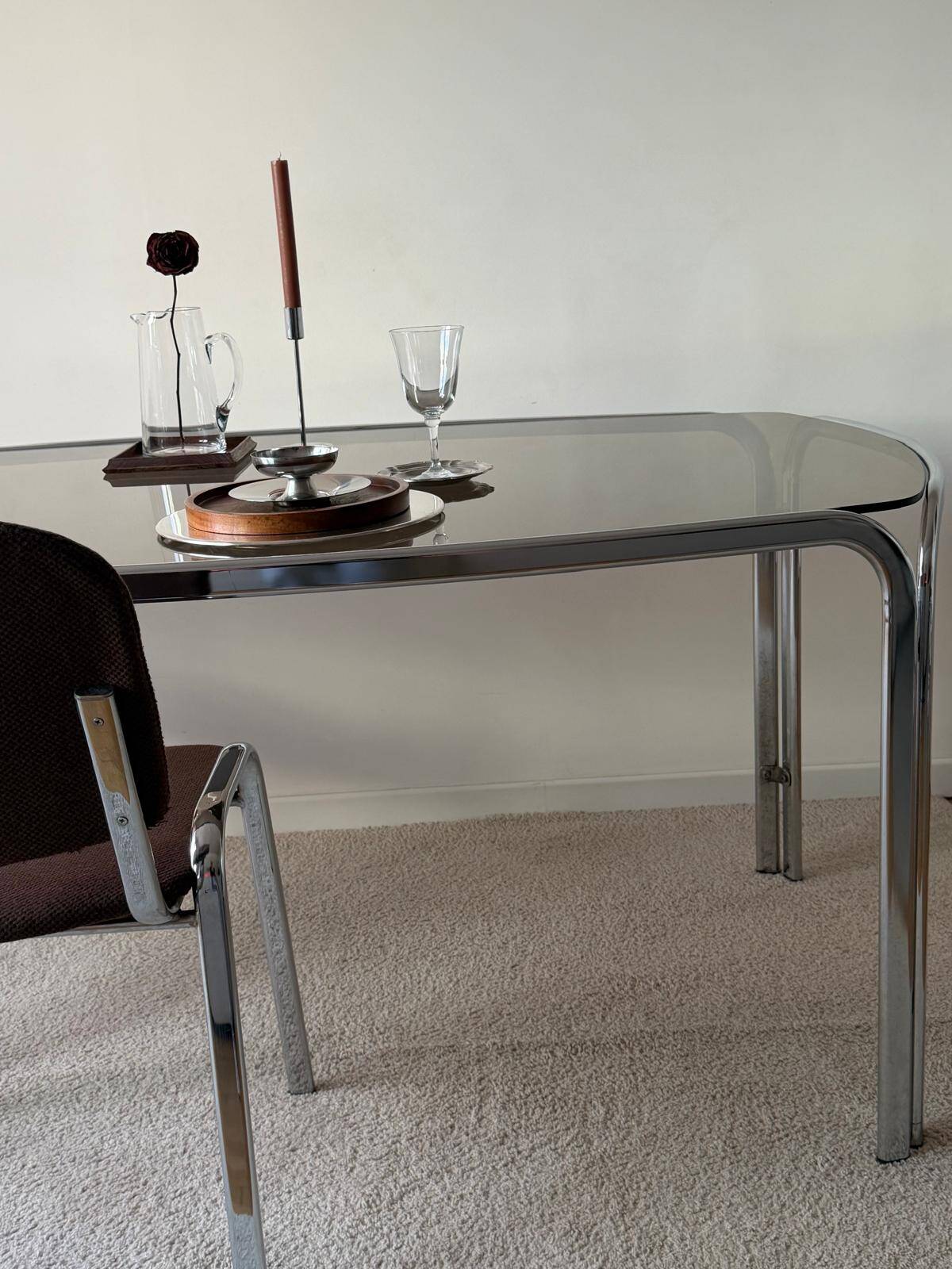 Space age dining table in smoked glass & chrome