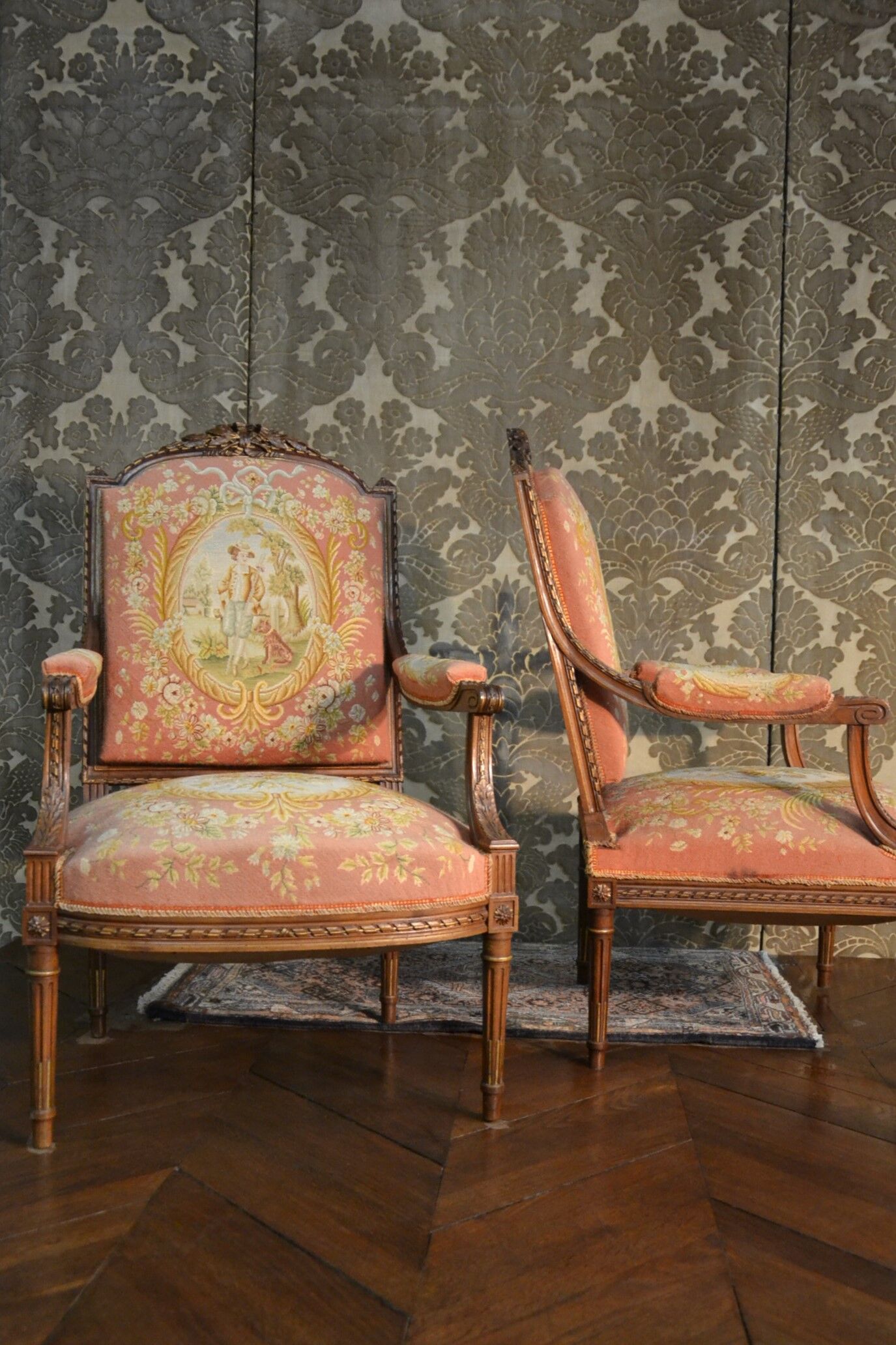 Pair of Louis XVI Style Armchairs in Walnut