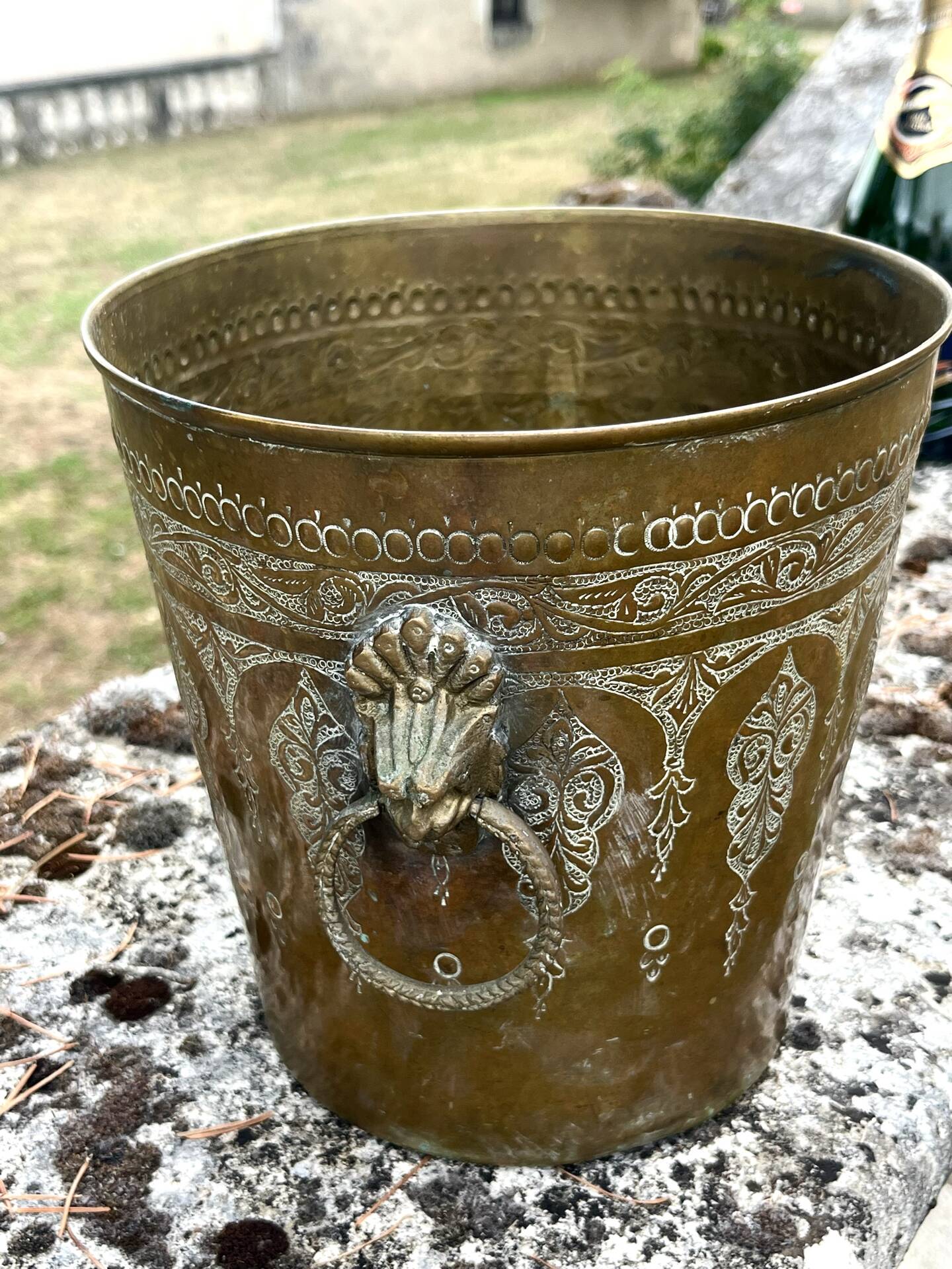 Persian Brass Champagne Bucket, Hand Engraved Ram Head Handles