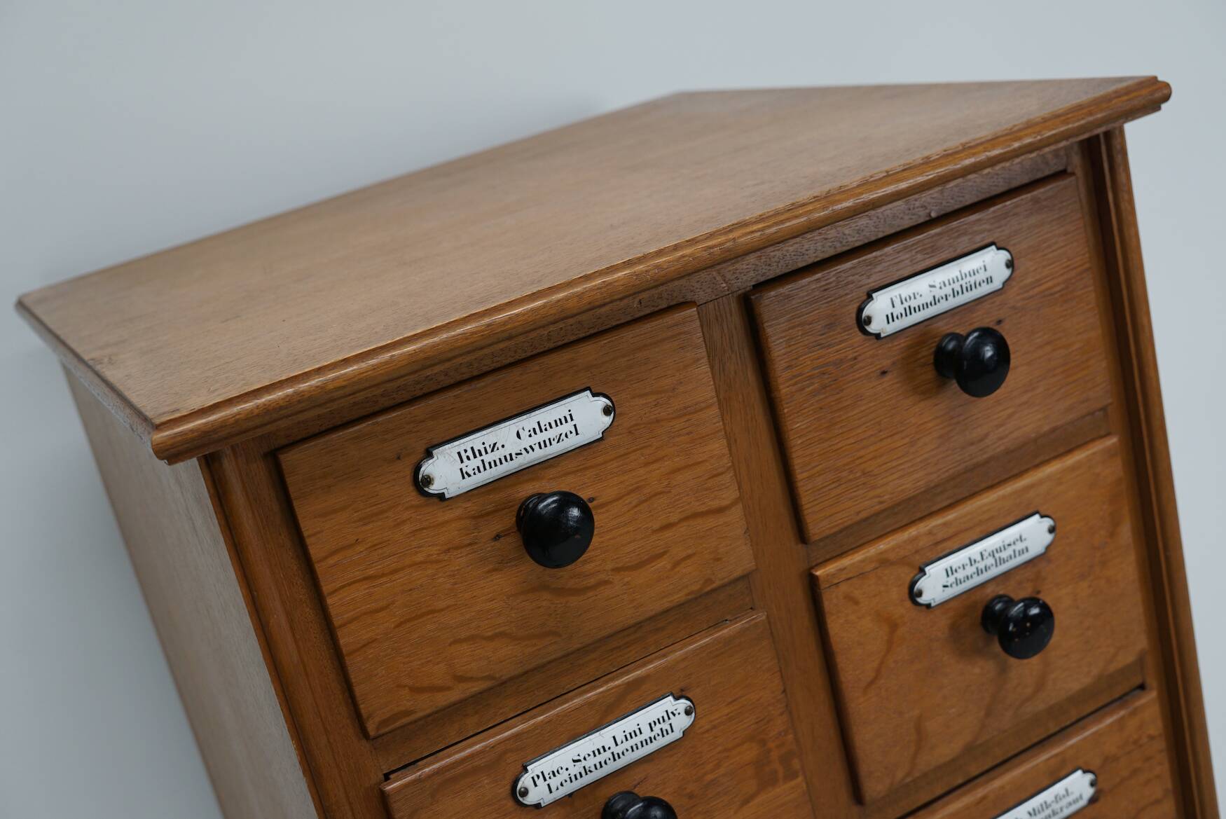 German Oak Apothecary Cabinet with Enamel Shields, 1940s