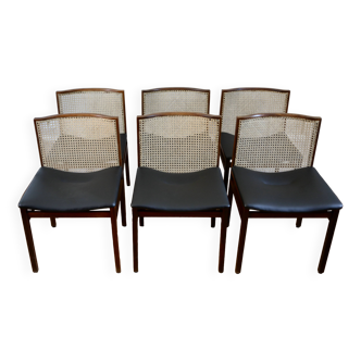 Set of 6 vintage rosewood and cane chairs Tito Agnoli "La Linea" 1960