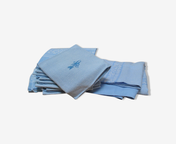 Ensemble nappe serviettes coton tissé bleu et blanc monogramme brodé