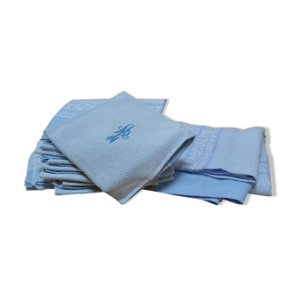 tablecloth towels cotton woven blue and white monogram embroidered