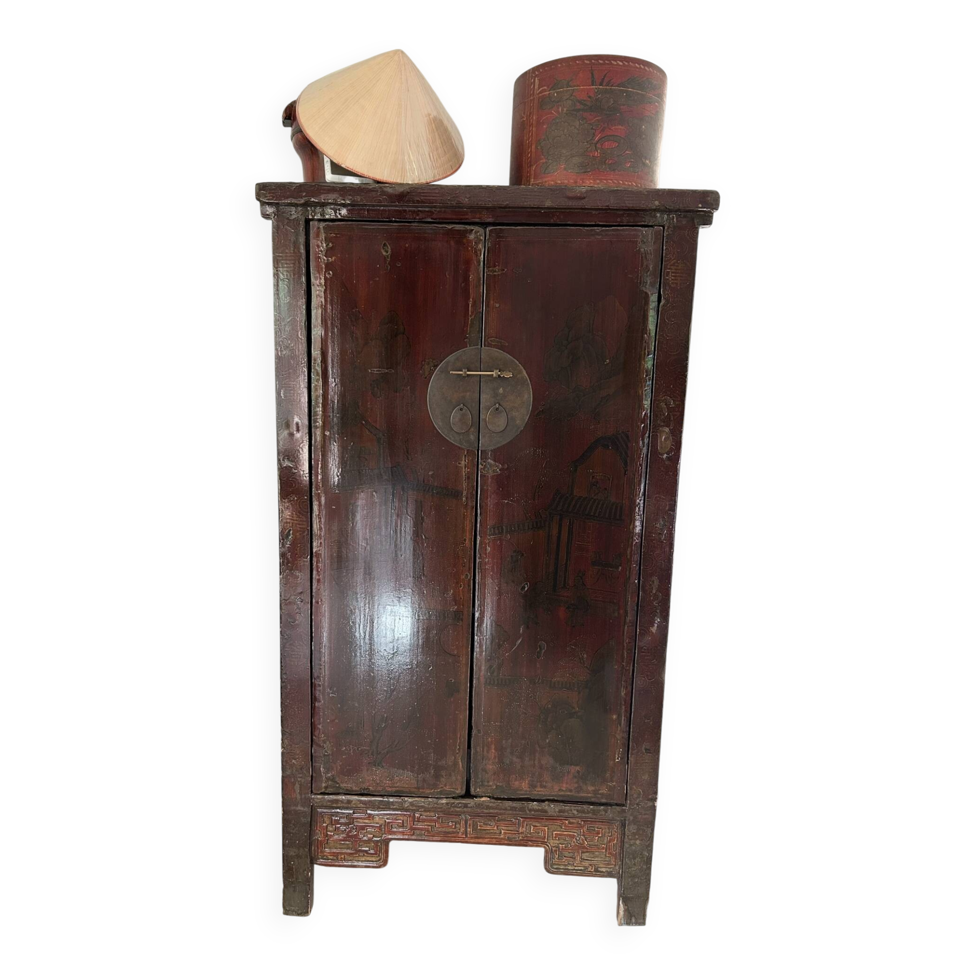 Antique Chinese wardrobe in carved elm.