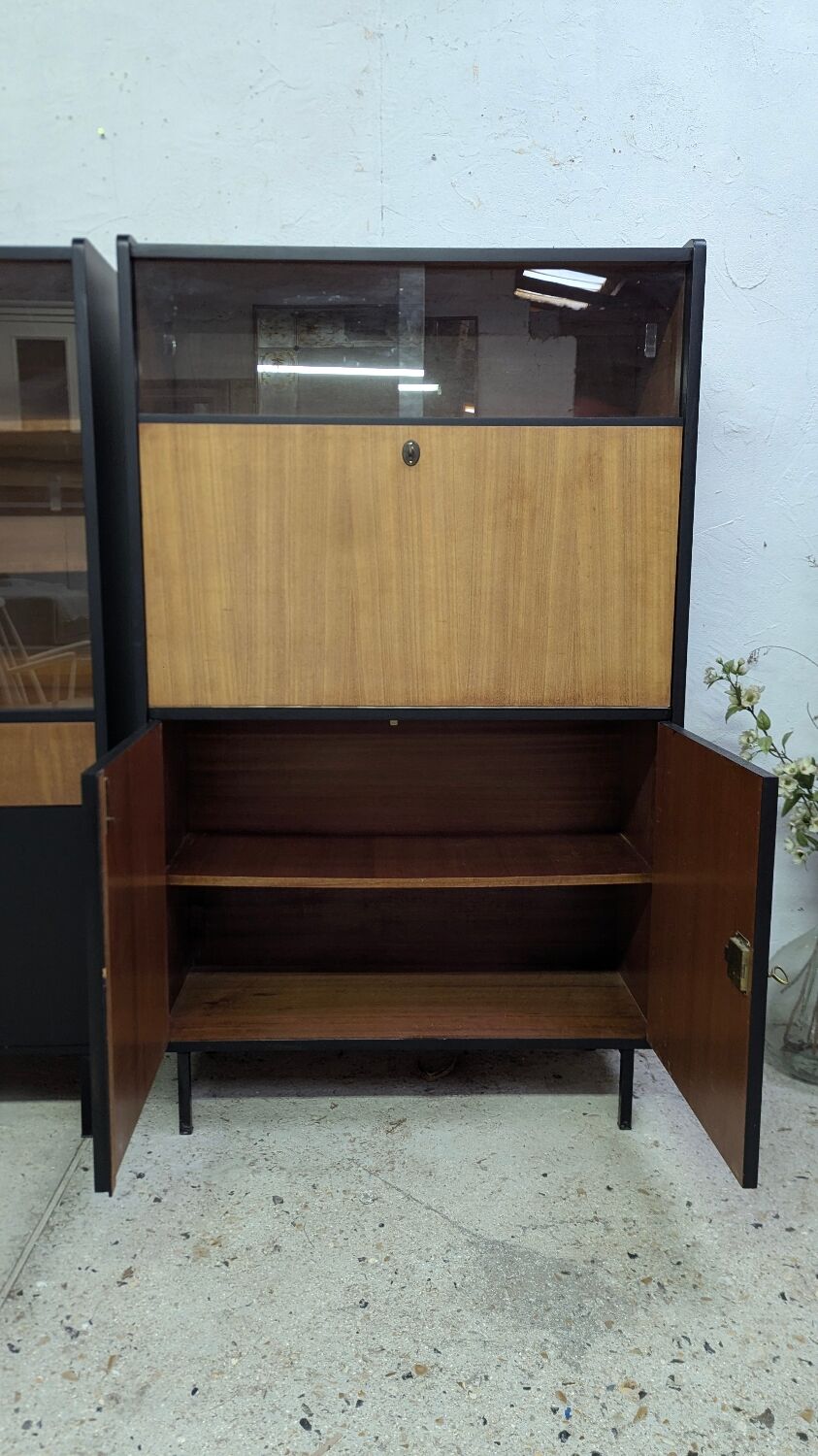 Vintage 1960s Secretary and Display Cabinet Set with Compass Design Legs