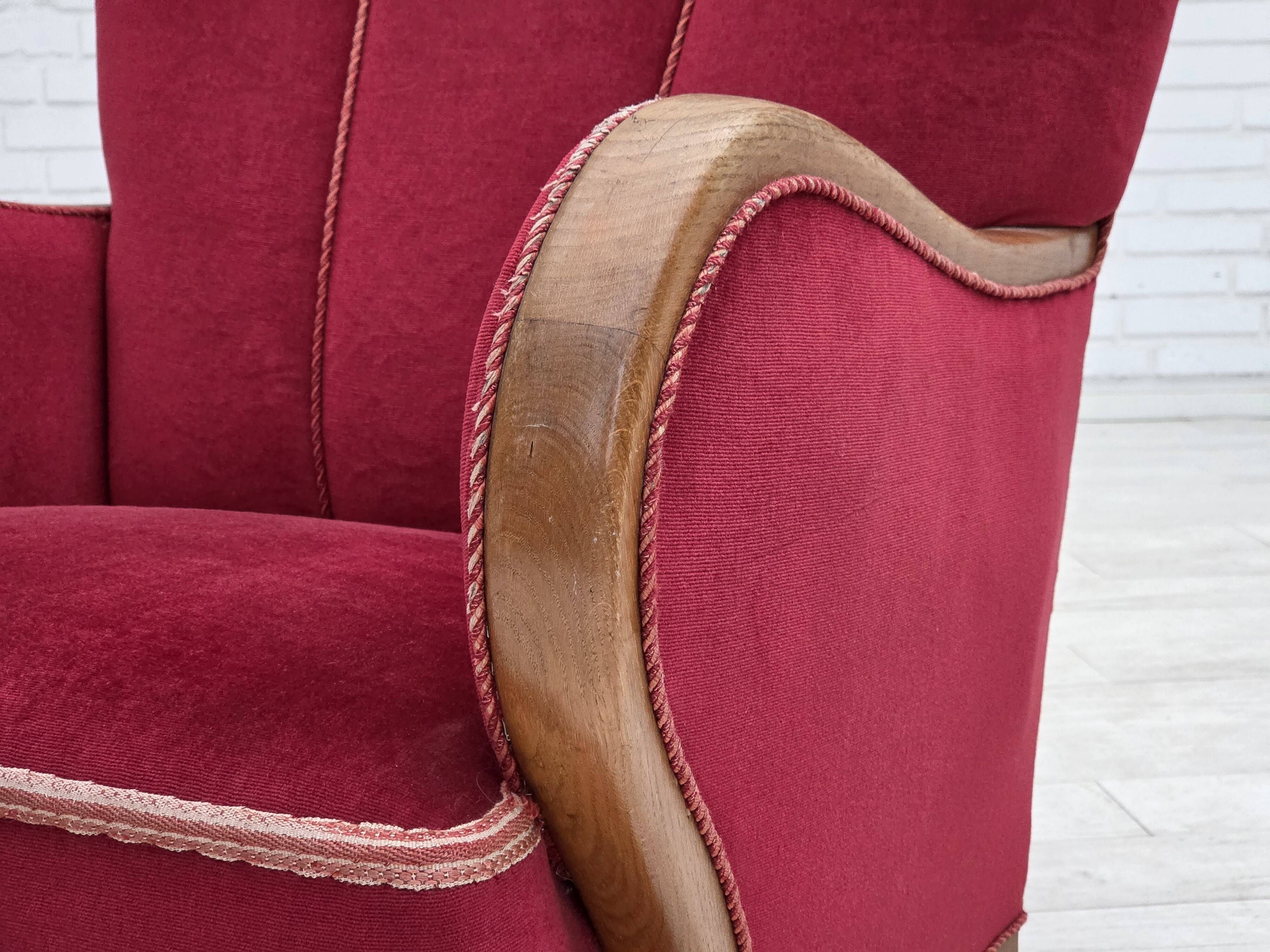 1960s, Danish armchair, red furniture velour, oak wood.