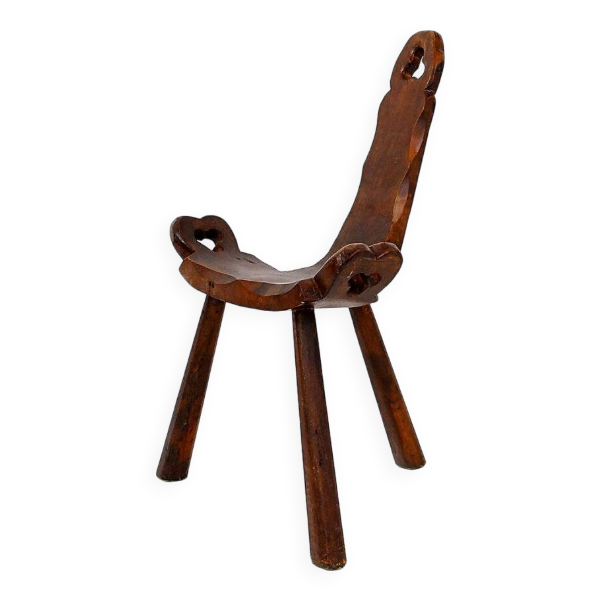 Primitive French Wooden Carved Tripod Chair, Wabi Sabi Style, Early 20th Century