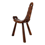 Primitive French Wooden Carved Tripod Chair, Wabi Sabi Style, Early 20th Century