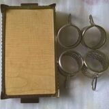 Serving tea tray with 4 glass holders in vintage silver metal