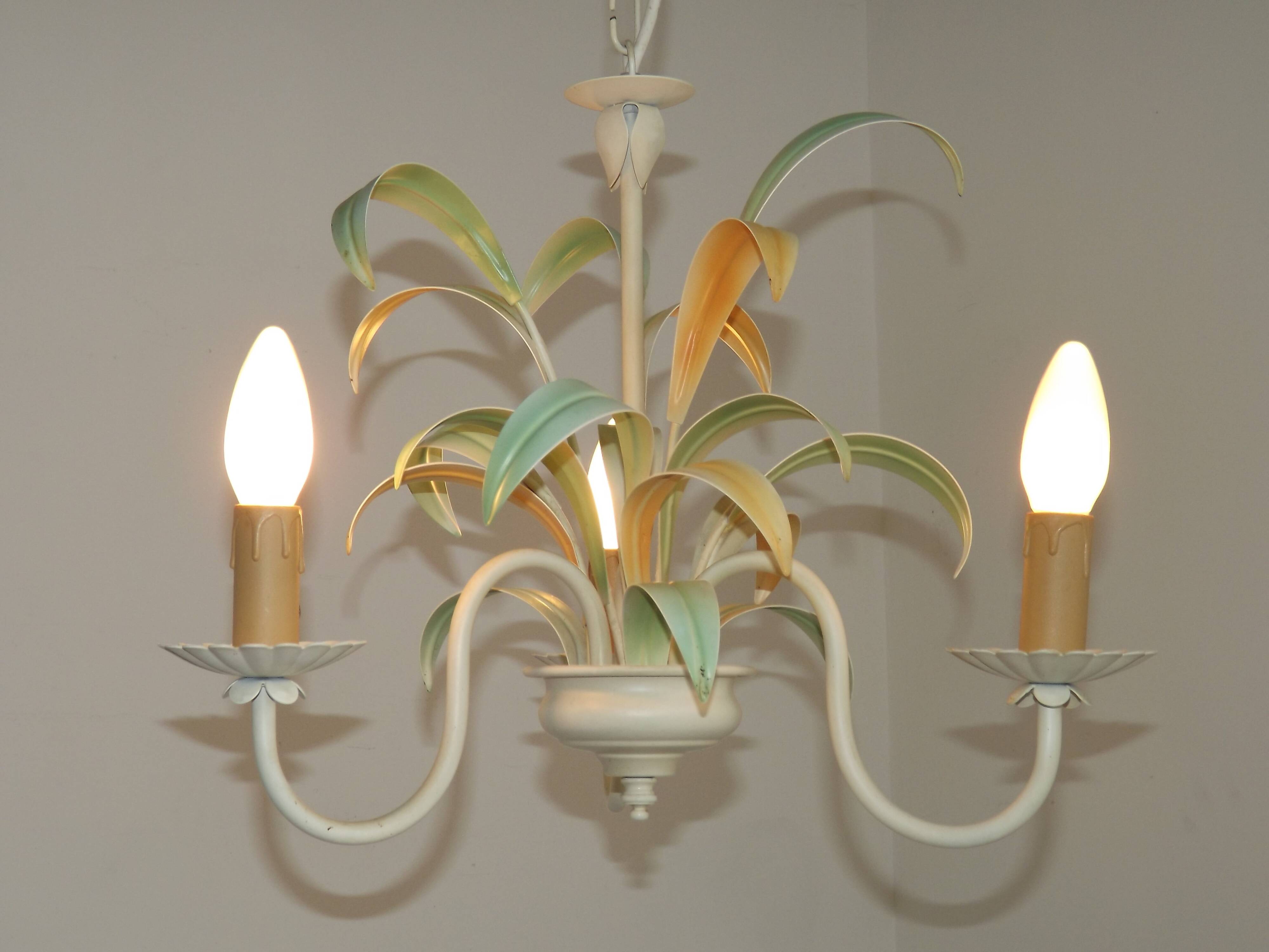 French Vintage Cream 3 Light Chandelier Green and Peach Leaves