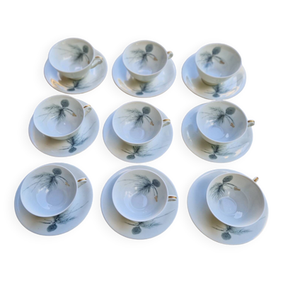 Service à café pour 9 personnes, porcelaine Limoges, signé D'Arnac