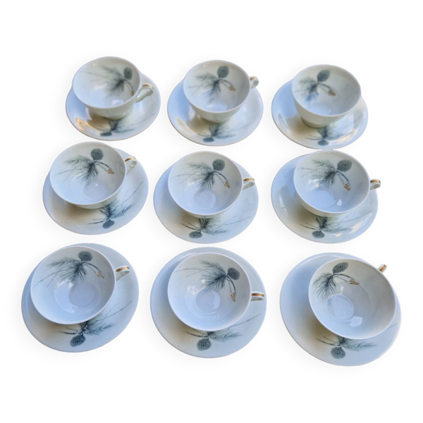 Service à café pour 9 personnes, porcelaine Limoges, signé D'Arnac