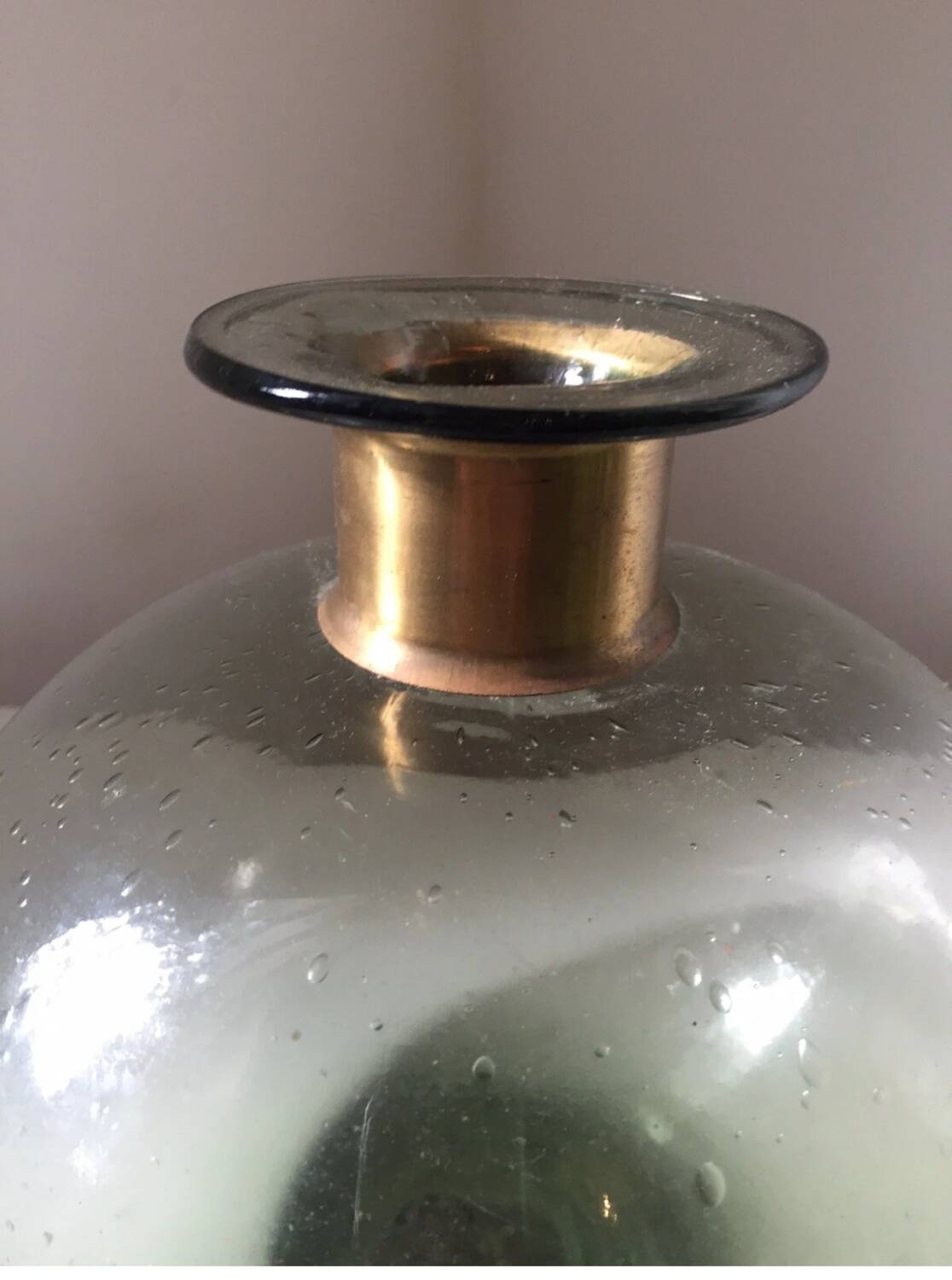 Vintage bubble glass ball vase with brass rim