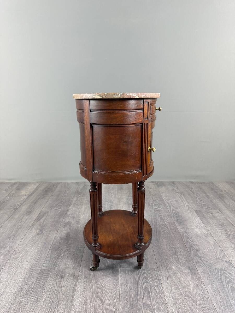 Half-moon side table in mahogany and marble, Louis XVI style, 19th century.