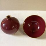 Raspberry-colored ceramic soliflore vase and bowl, enhanced with gilding, Arabia, Finland
