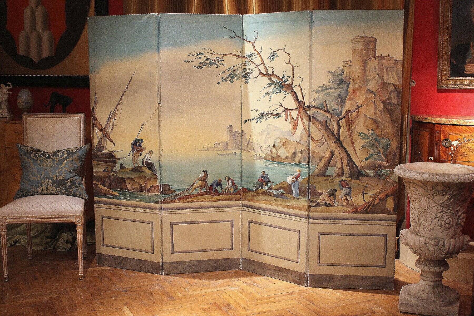 Early 20th Century French Tempera on Canvas Folding Screen with Seascape View
