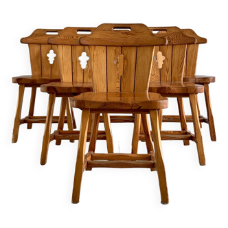 Set of 6 vintage solid wood pine Alpine chairs