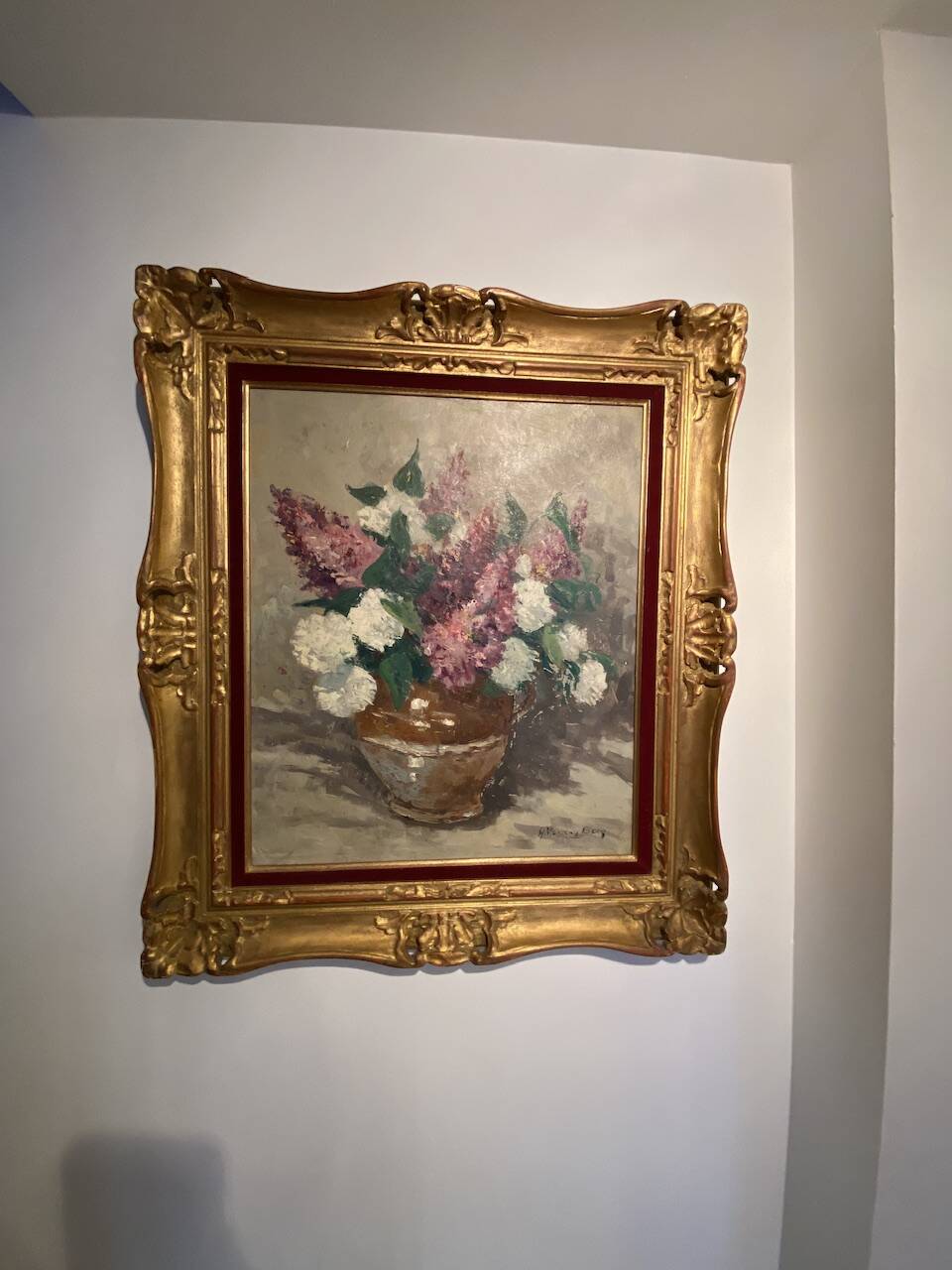 Antique painting, still life with lilacs and peonies signed Van der Berg circa 1950