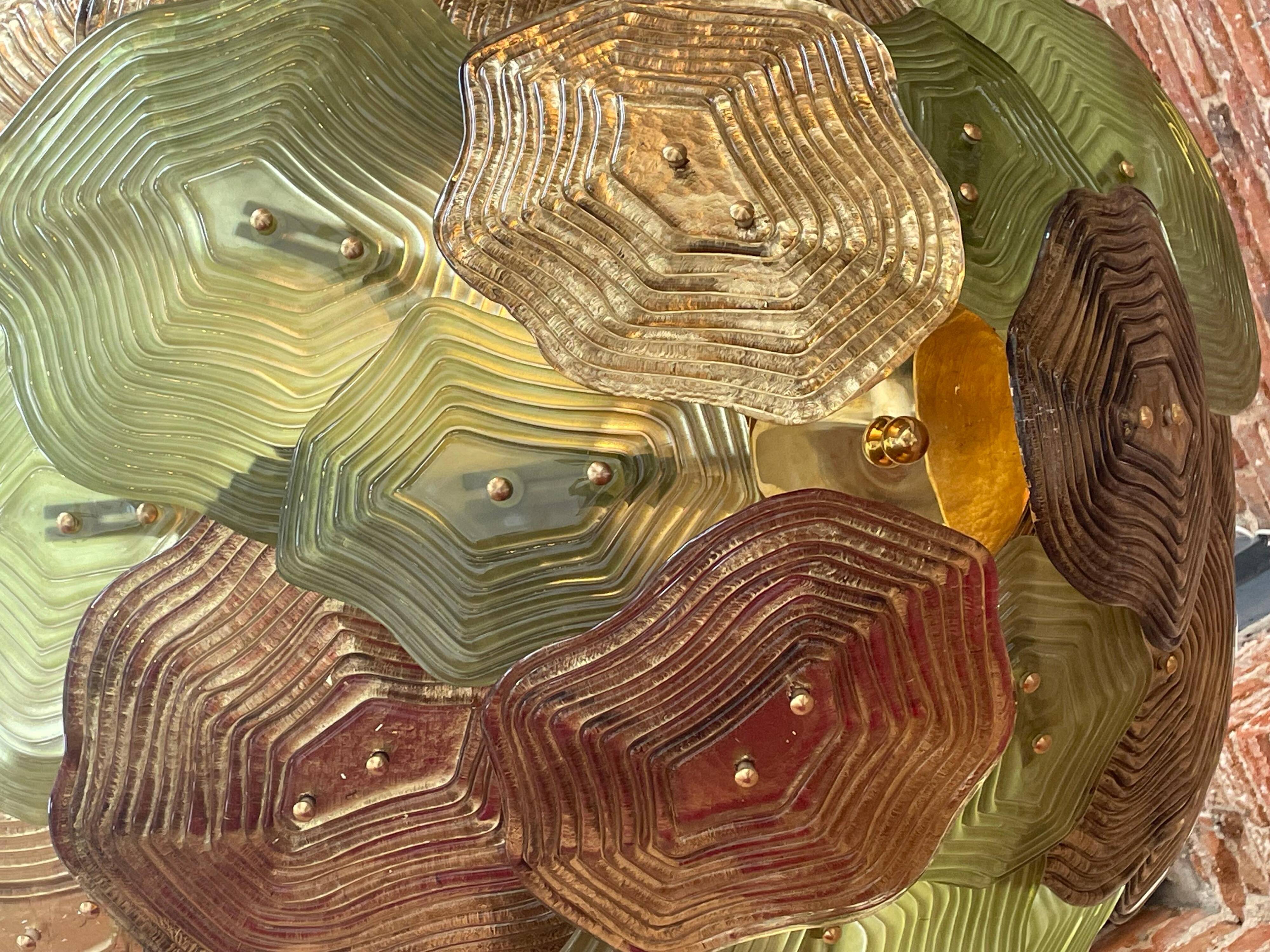 Murano Multicolored Green, Brown and Gold Glass Ceiling Lamp, Italy.