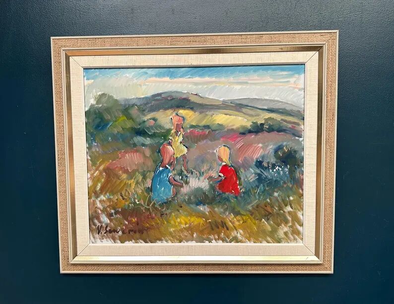 Original Swedish Oil on Canvas - "Children Playing" by Nils Sewerin (1920-1985) - Signed - Vintage and Framed - 77 × 66 cm (30.3" × 26")