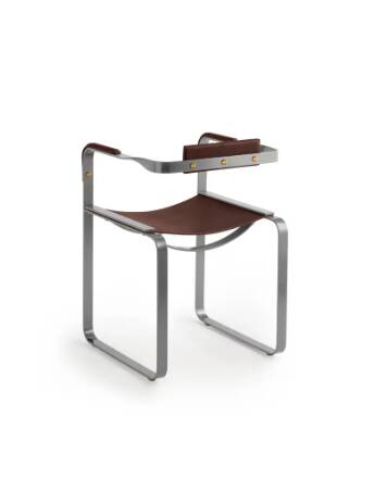 Armchair, old silver steel and dark brown leather, contemporary style.