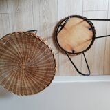 Metal and rattan tripod side table pair