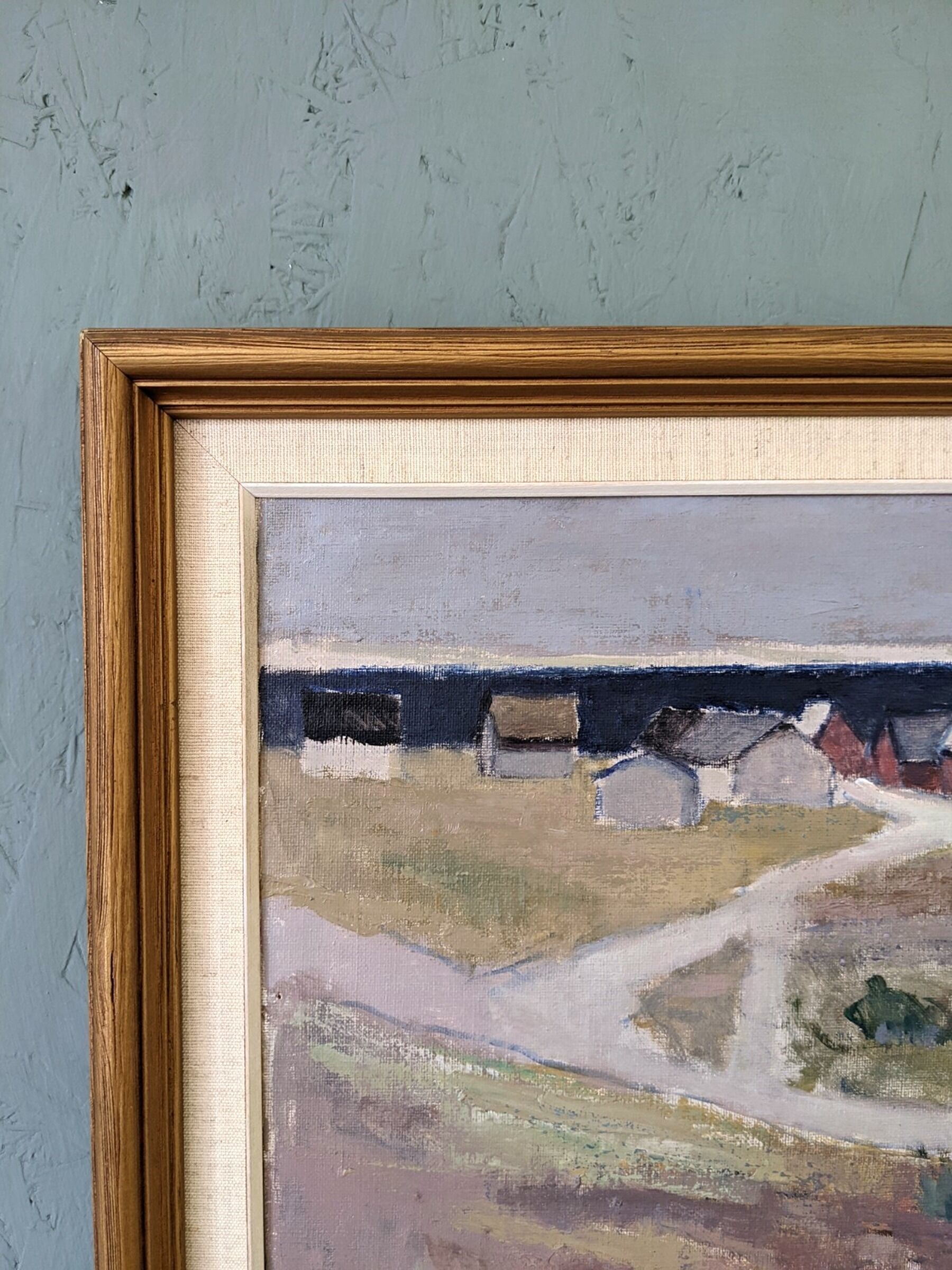 1967 mid-century modern swedish "coastal path" vintage coastal landscape framed oil painting