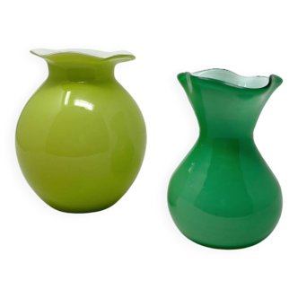 Two green vases in Empoli opaline