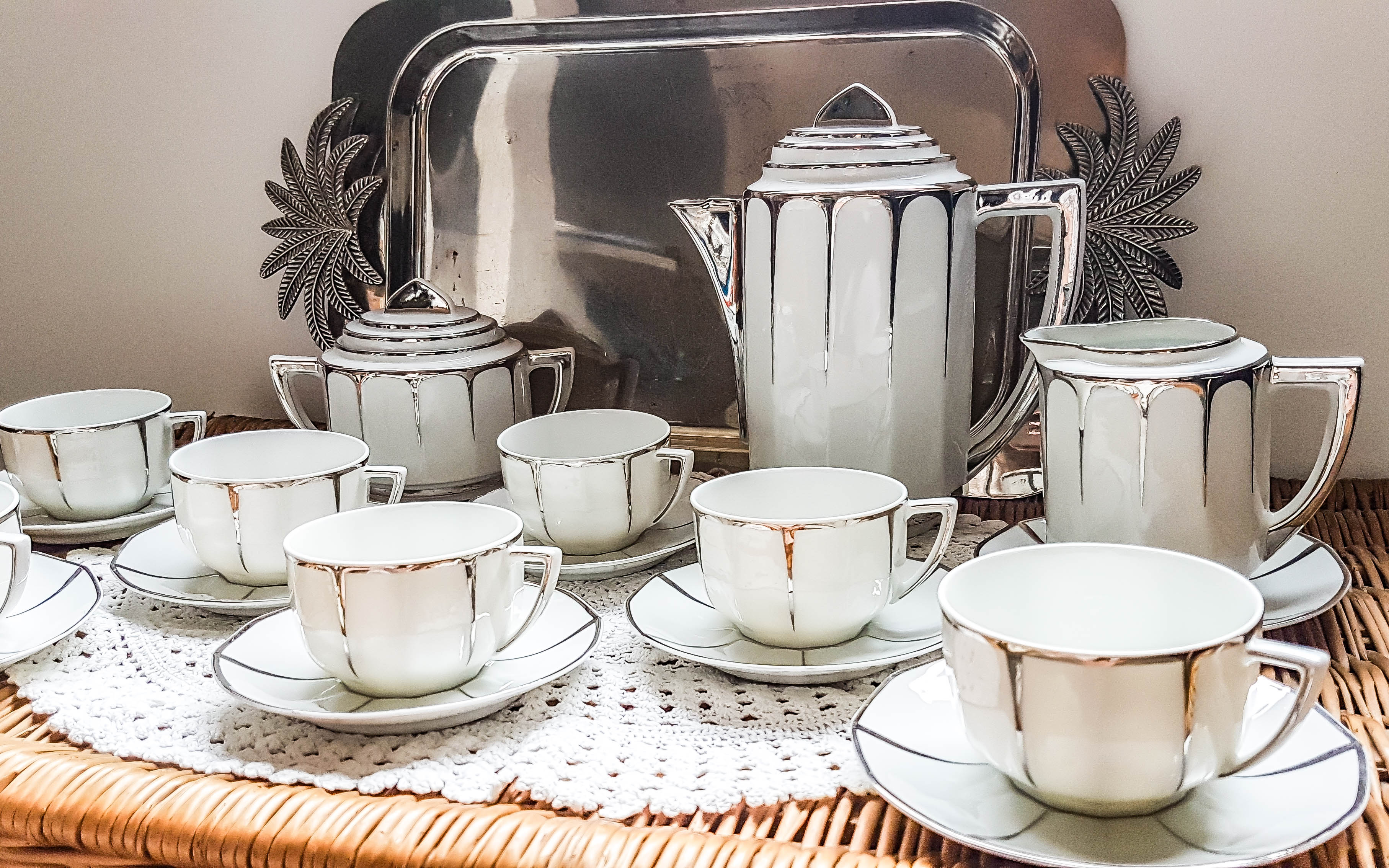 LIMOGES White and Silver Art Deco Style Coffee Service