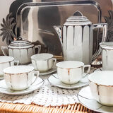 Service à café Limoges style art déco blanc et argent