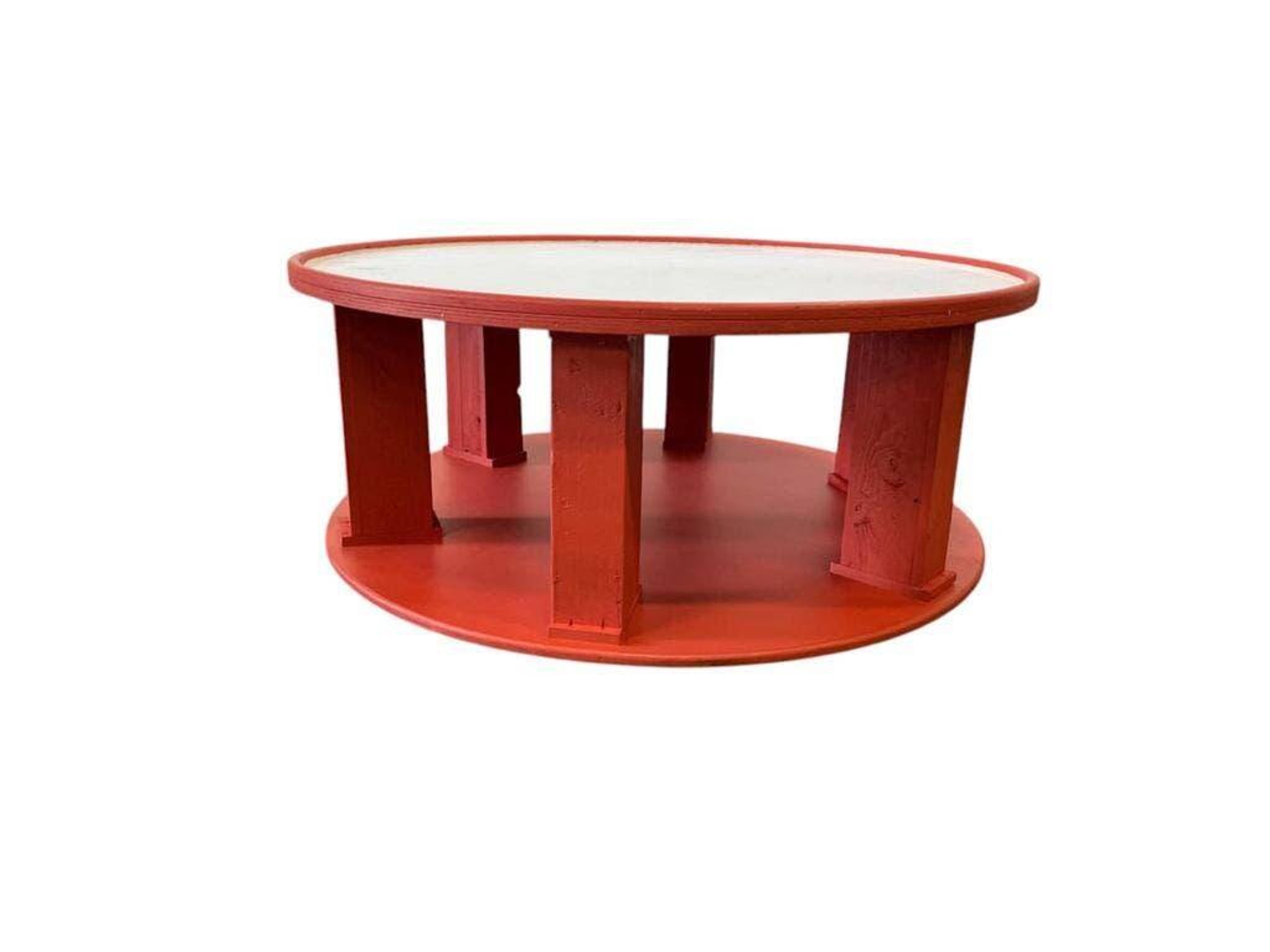 Grande table basse ronde vintage XL orange en bois / table basse