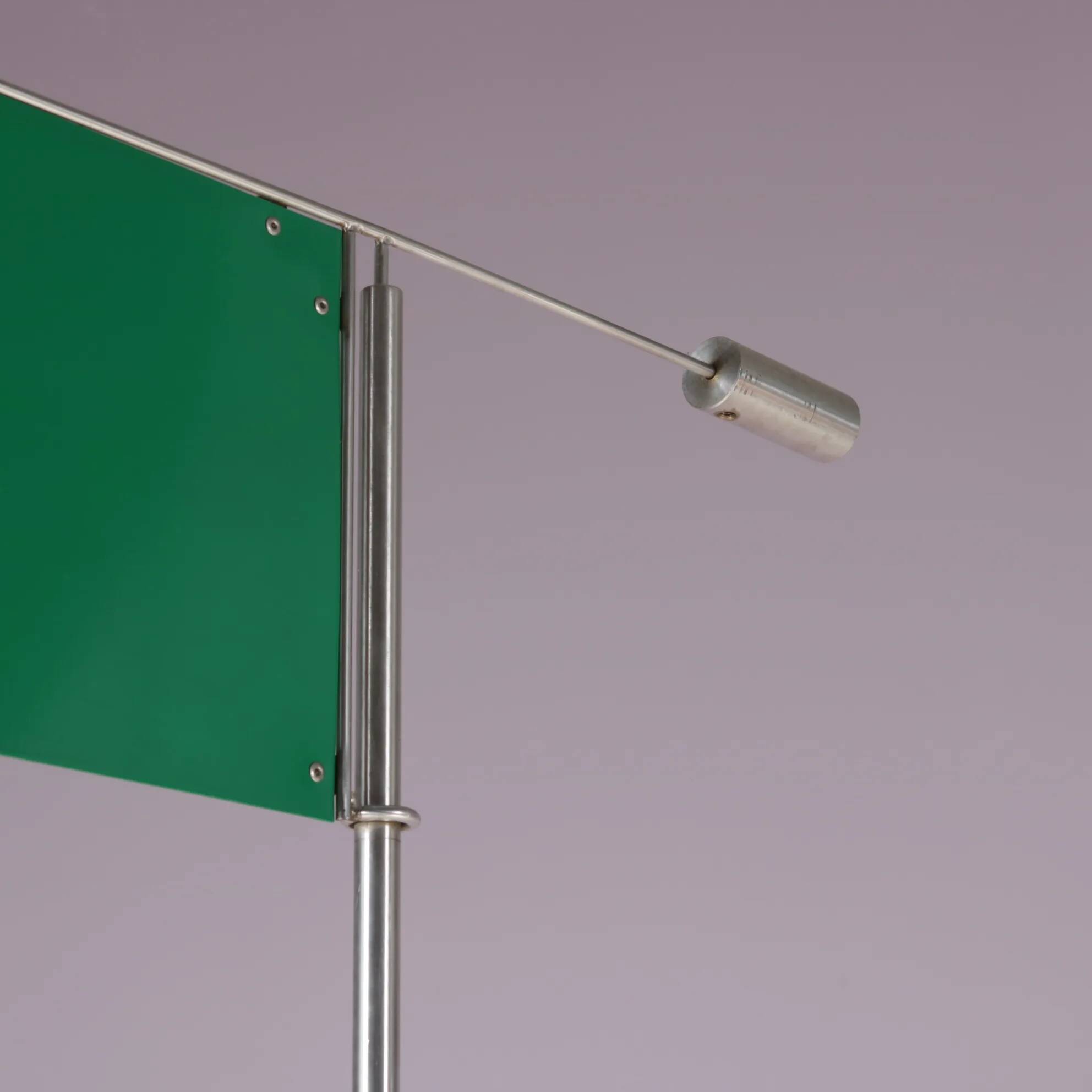 2000s wind sculpture/weathervane by Afra Scarpa and Tobia Scarpa, telescopic pole and stainless steel counterweight, green metal windvane for Dimensione Disegno