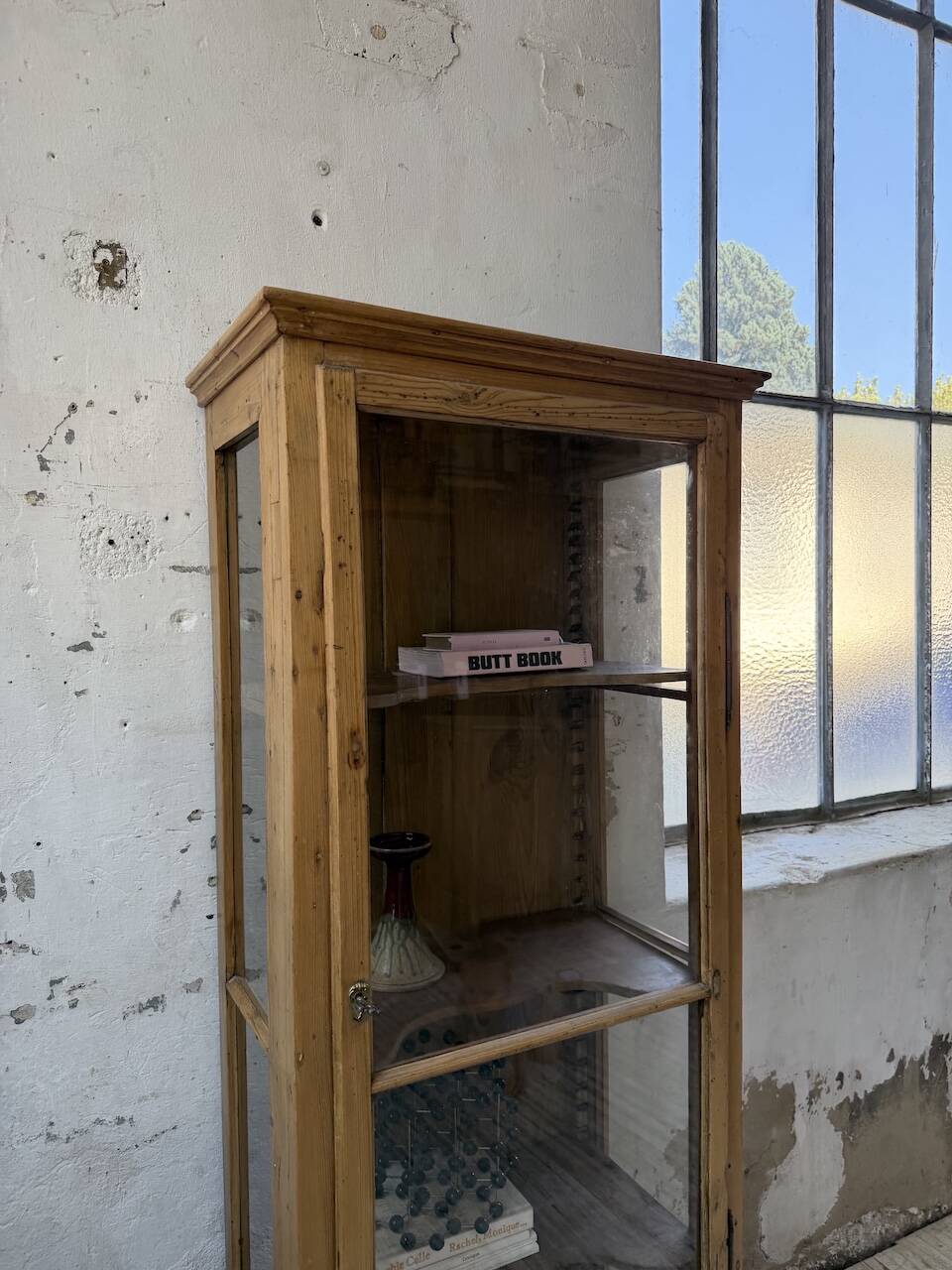 19th-century English pine display cabinet