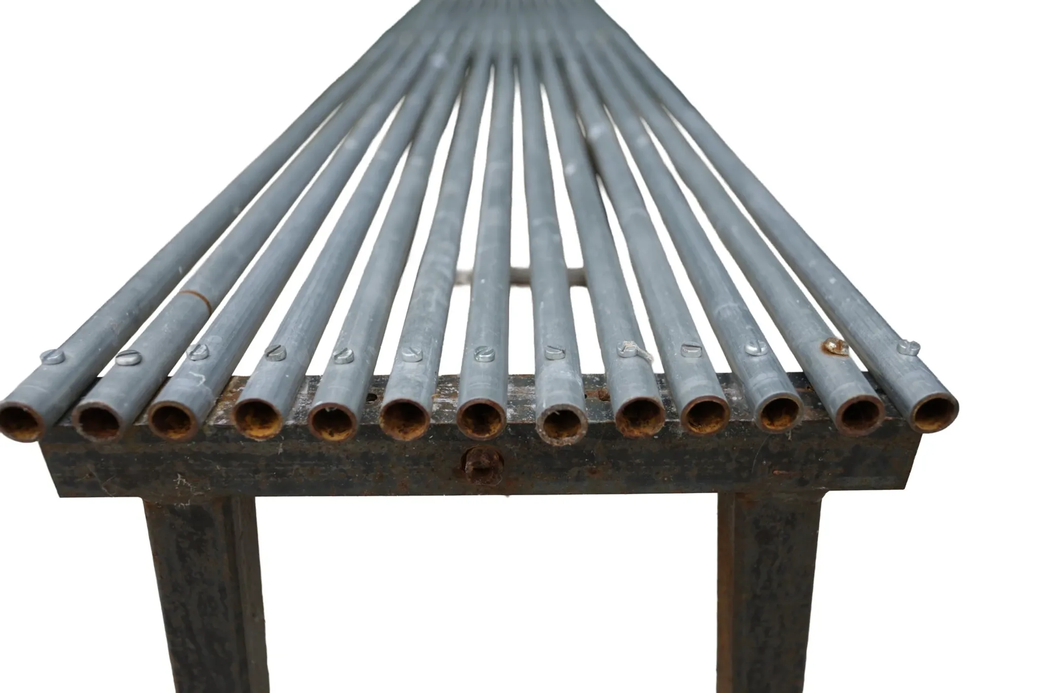 Long metal bench with tubular seat