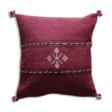 Coussin berbère bordeaux à pompon en coton