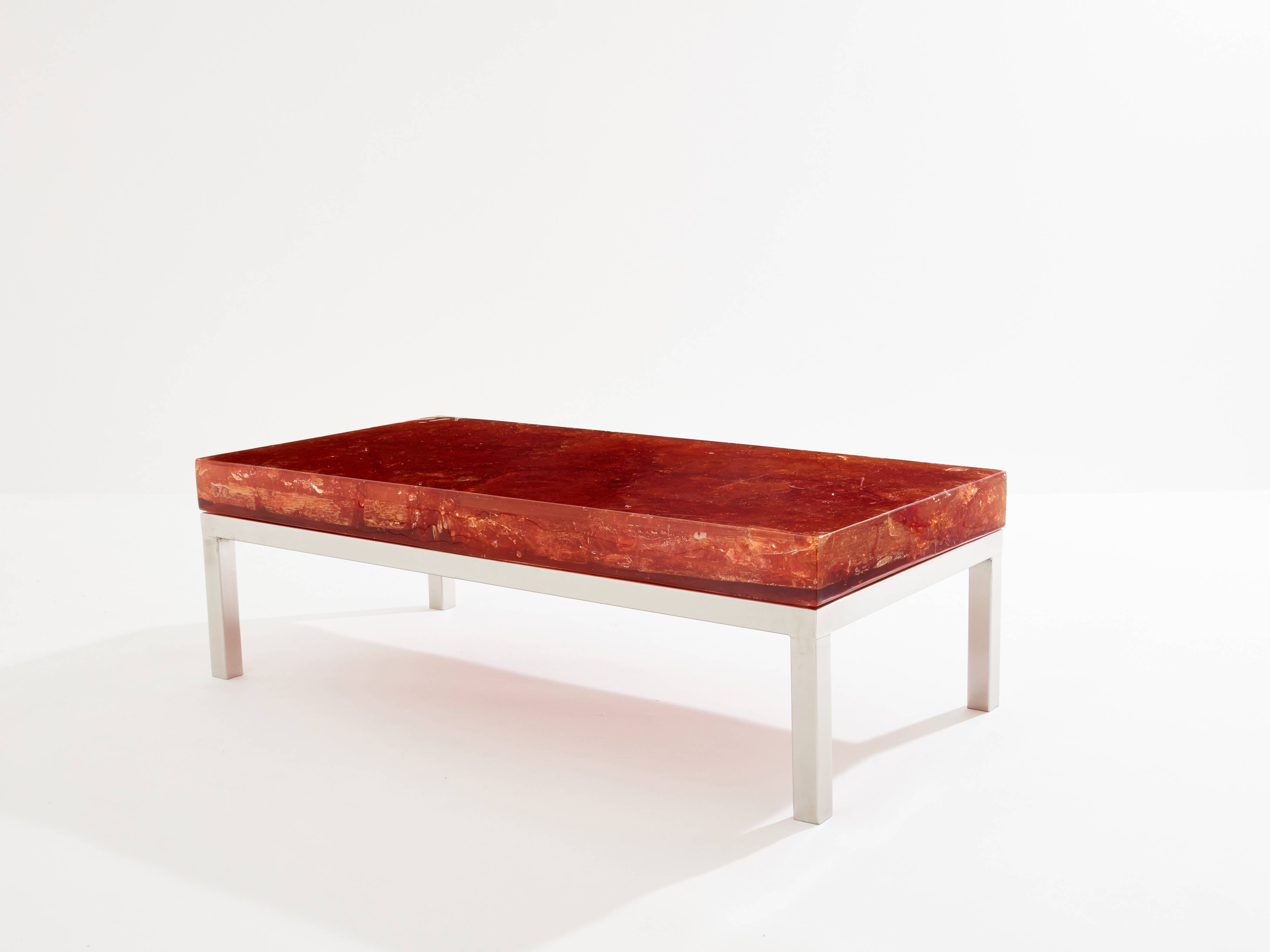 Marie-Claude De Fouquières orange fractal resin coffee table 1970