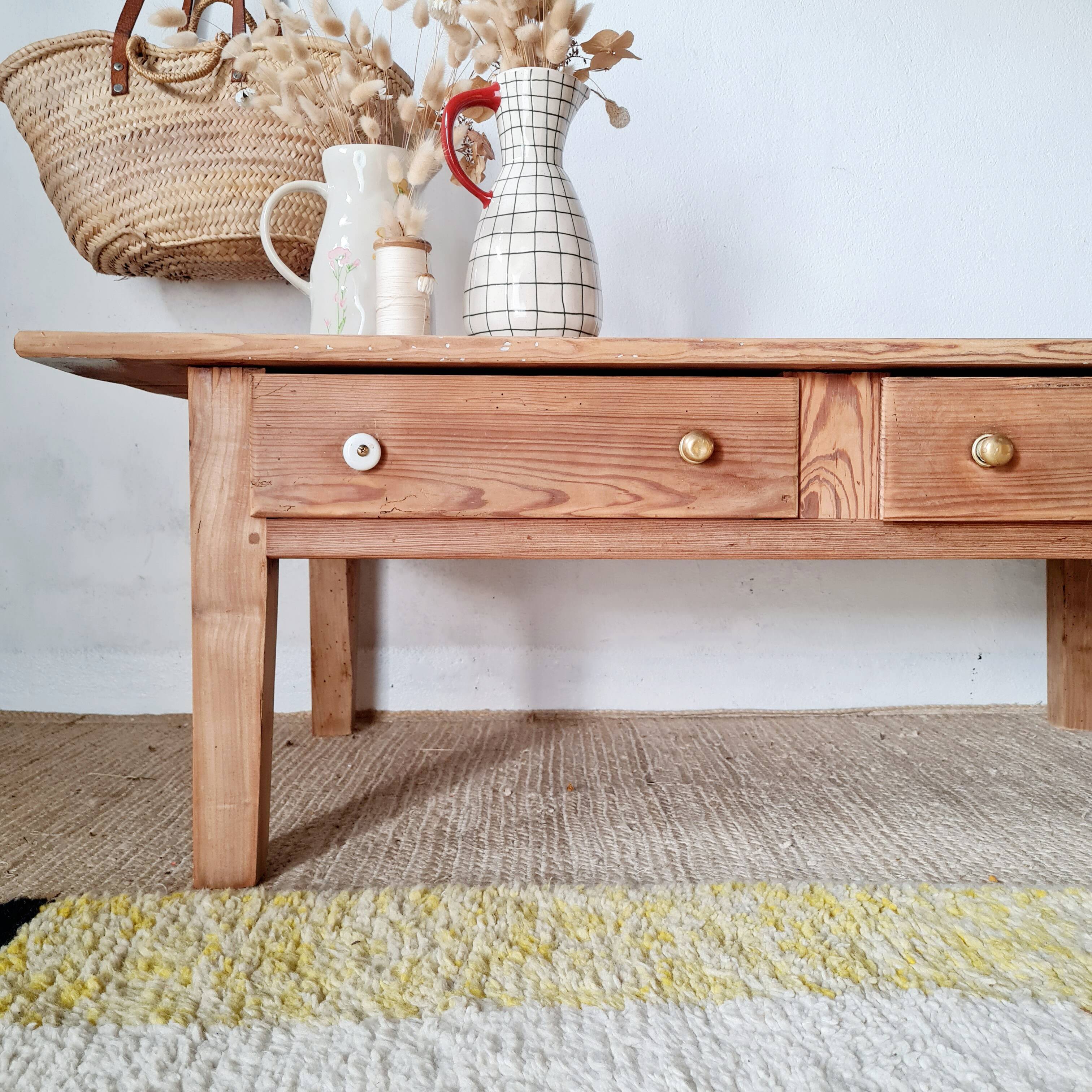Table de ferme basse en bois 2 tiroirs