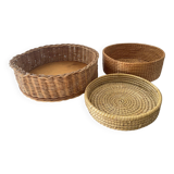 Trio of vintage wicker and woven raffia baskets