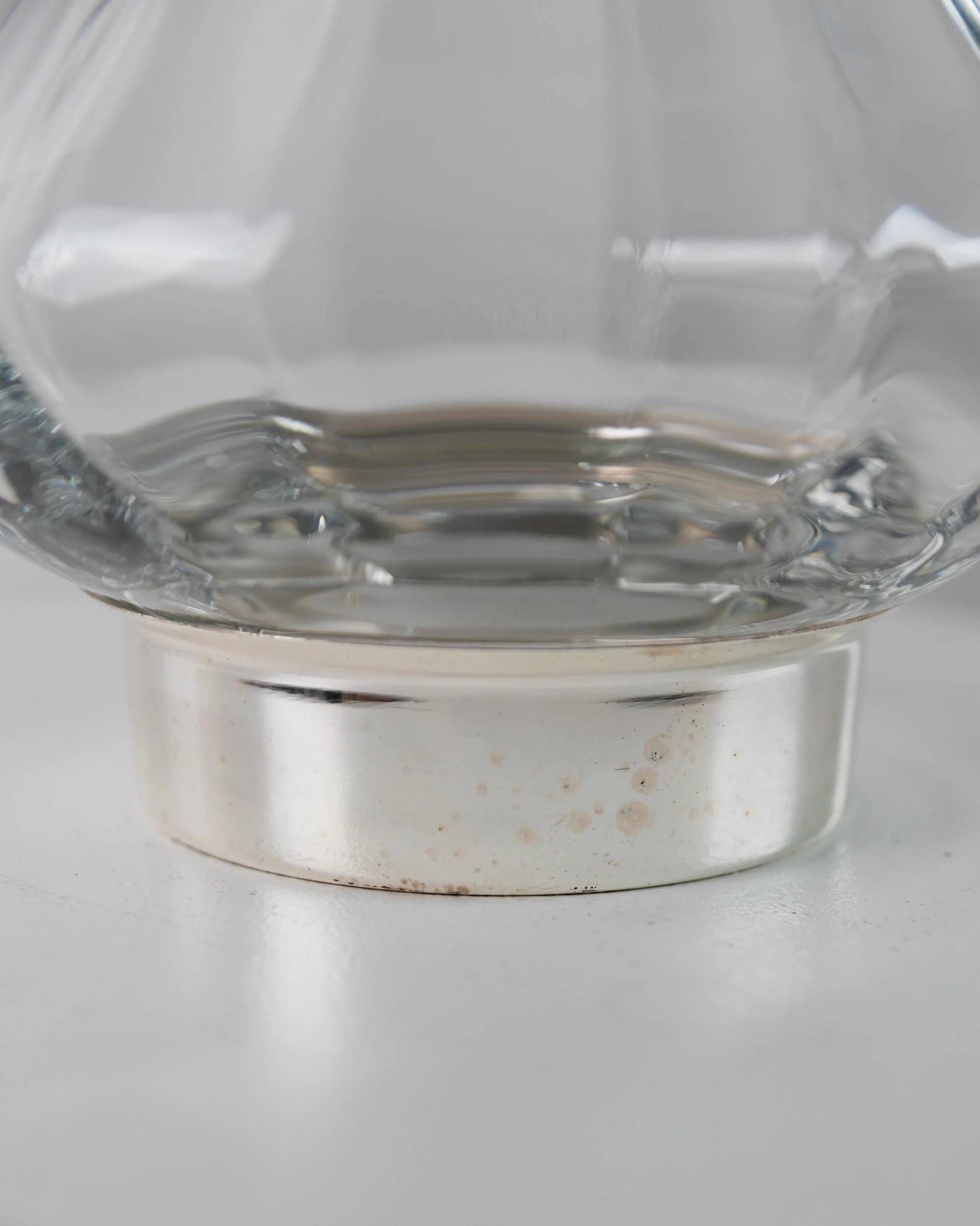 Vintage glass vase from the 1980s, transparent glass with fine linear pattern and silver metal details, elegant sculptural flower vase, gift idea.