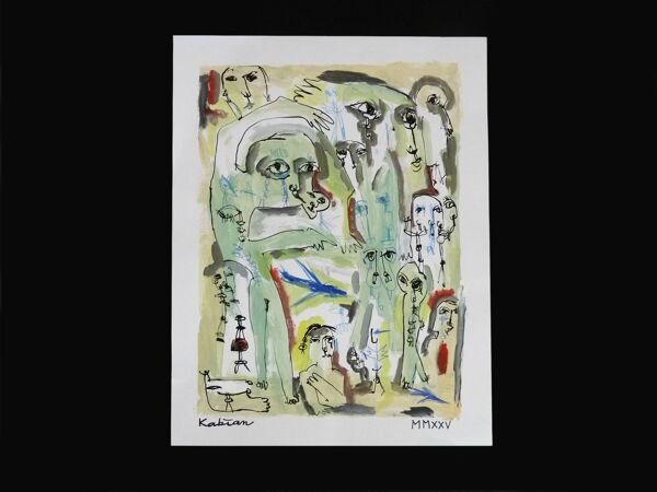 Technique mixte Art brut/Art figuratif/Art singulier signé Kabian 65X50 cm