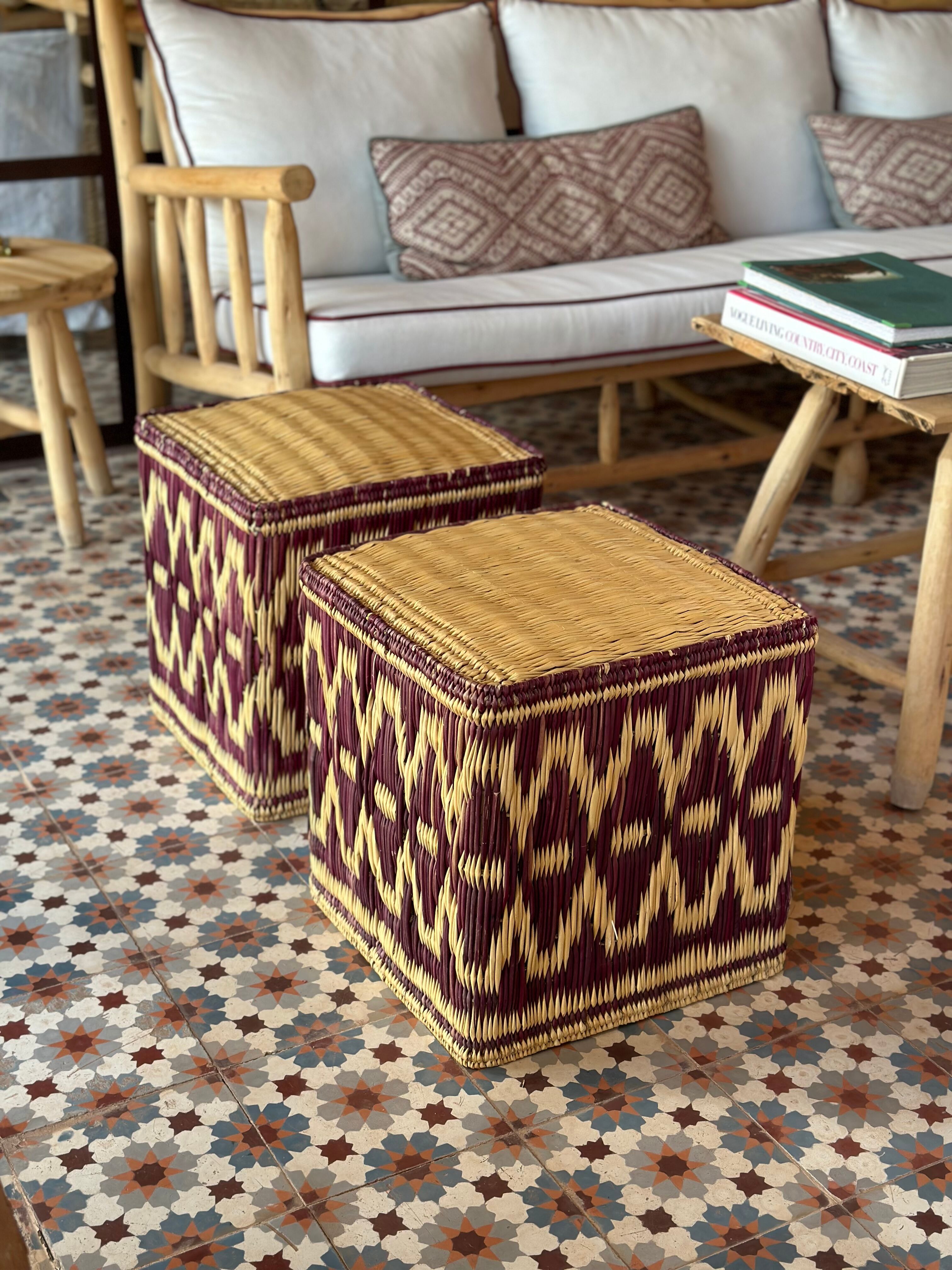 Set of two pouf seat cube rattan wicker graphic ikat red burgundy purple magenta