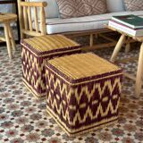 Set of two pouf seat cube rattan wicker graphic ikat red burgundy purple magenta