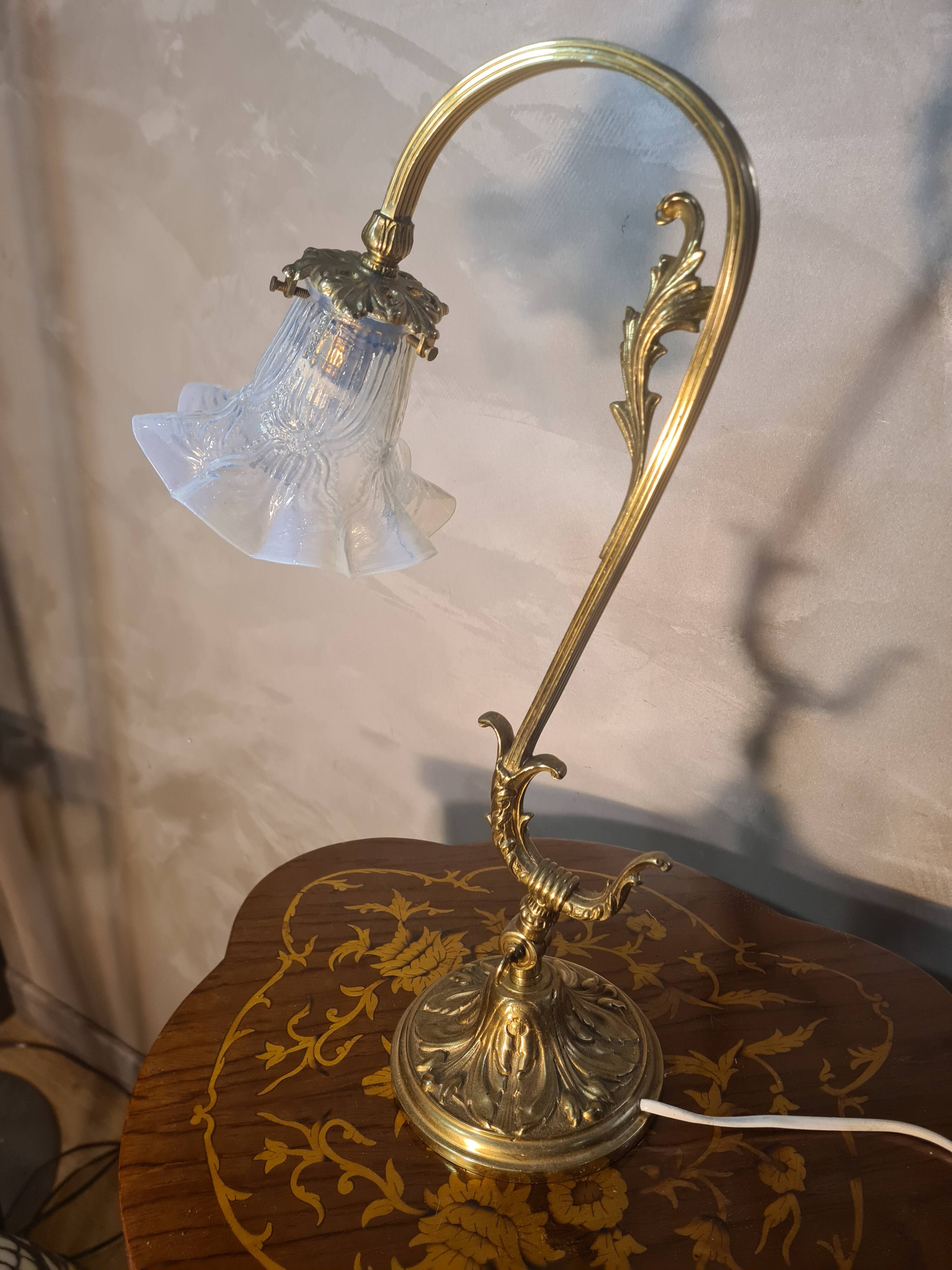 bronze and brass lamp with a magnificent blue moulded tulip, opalescent,