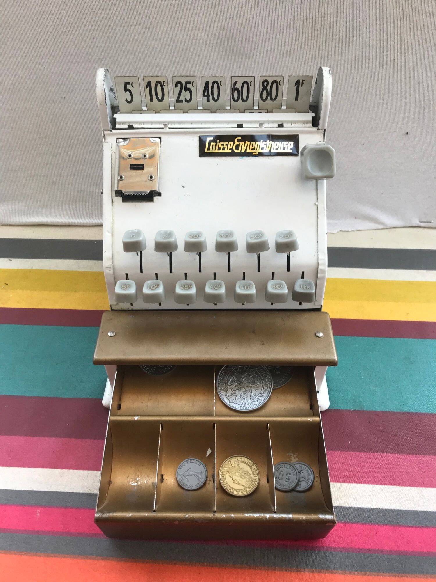 Former white metal cash recorder drawer box vintage child toy